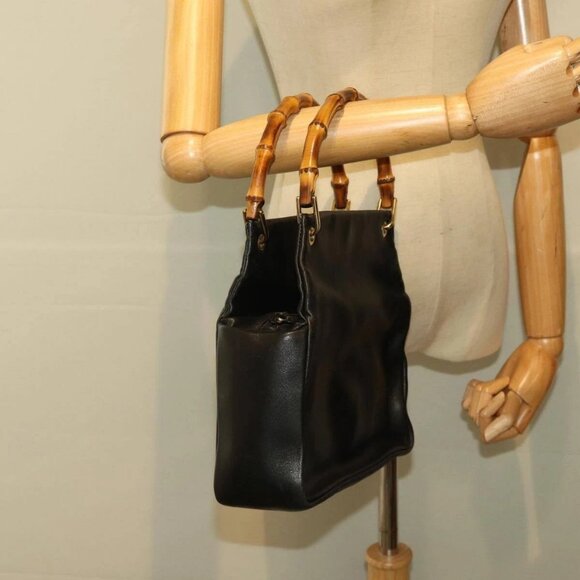 GUCCI Bamboo Hand Bag Leather Black Gold - Picture 1 of 16